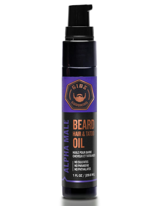 GIBS Grooming - Alpha Male Beard, Hair & Tattoo Oil (1 fl oz) - Softens, Strengthens, Protects - Skin Moisturizer - Vitamin C - UV Shield - Travel Beauty and Personal Care GIBS