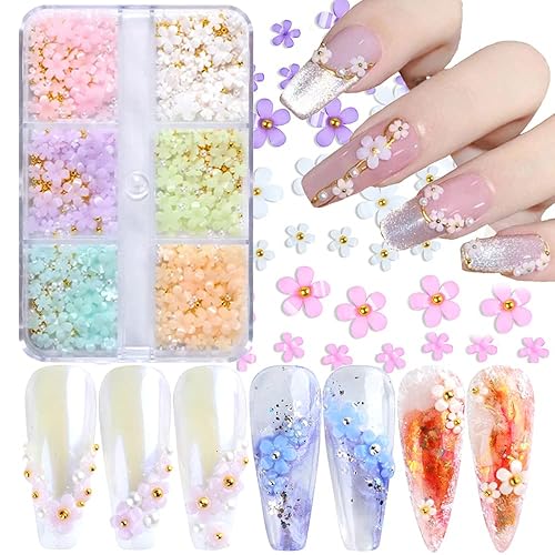 3D Flower Nail Art Charms, 6 Grids 3D Acrylic Nail Flowers Rhinestone Light Change Pink White Blue Cherry Blossom Acrylic Spring Nail Art Supplies