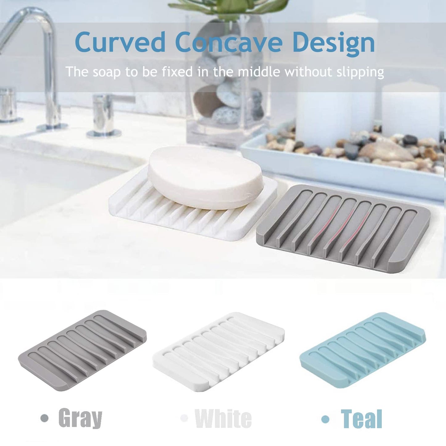 3-Pack Self Draining Soap Dishes – Silicone Waterfall Soap Holders Keep Bars Dry & Clean, Easy to Clean – White, Gray, Teal