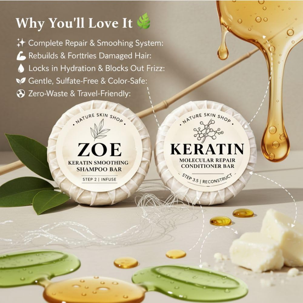Nature Skin Shop Keratin Shampoo and Conditioner Bar Set - Intense Repair, Hydration & Frizz Control - Sulfate-Free, Vegan, Eco-Friendly Solid Hair