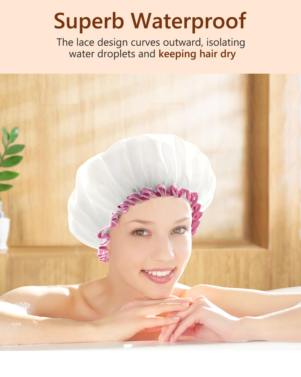 mikimini White Shower Cap Pack of 2 Waterproof Reusable Double Layers Bathing Hair Caps with Soft Comfortable PEVA Lining, Cute, Non-fading & Stretchy