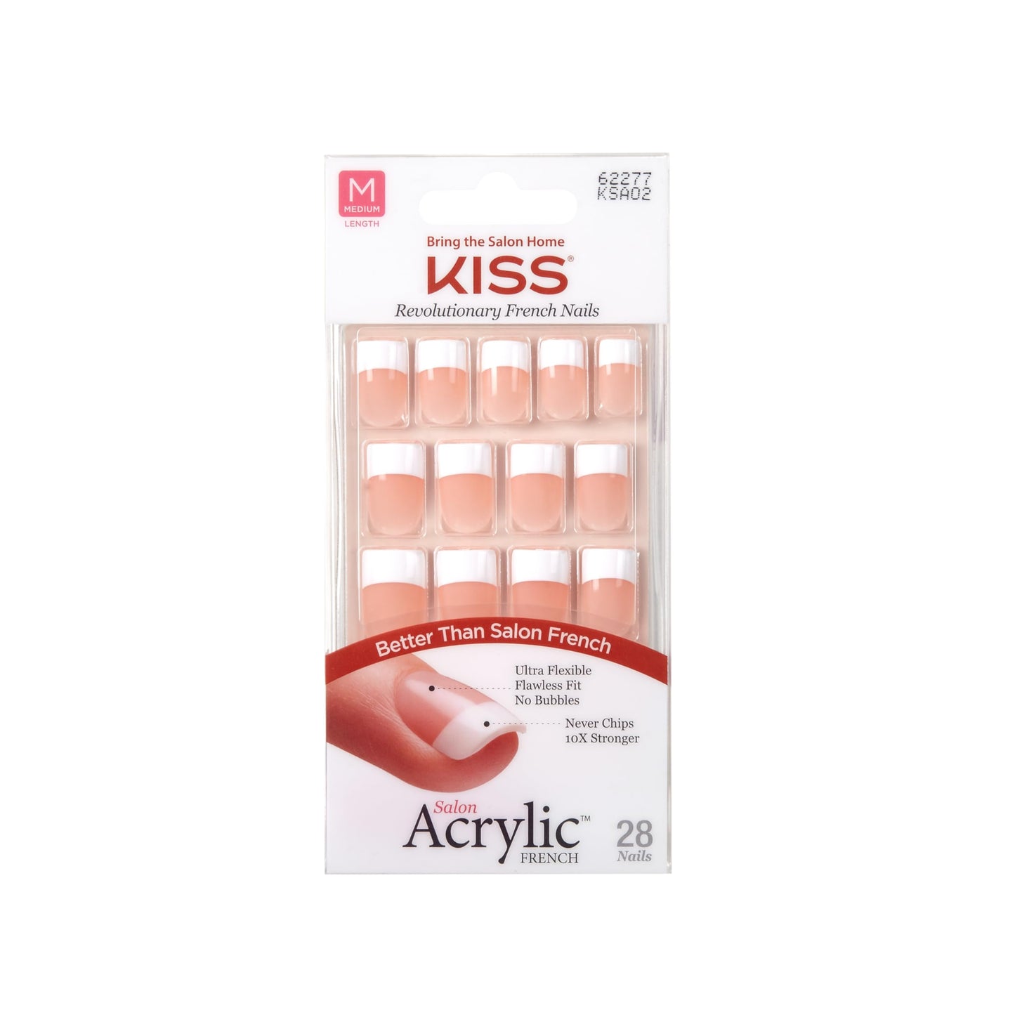 KISS Salon Acrylic Press On Nails, Nail glue included, 'Sugar Rush', French, Medium Size, Square Shape, Includes 28 Nails, 2g Glue, 1 Manicure Stick
