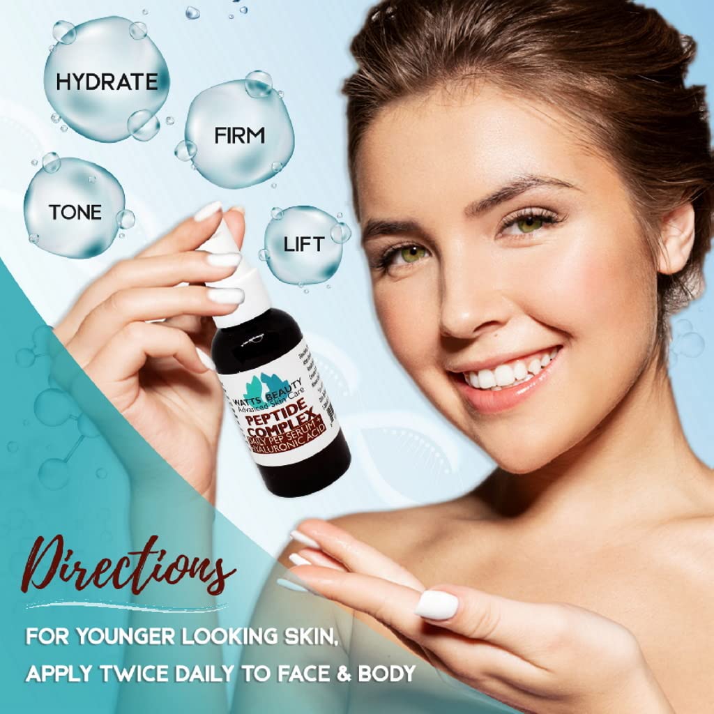 Watts Beauty Peptide Anti-Aging Face Serum - Hyaluronic Acid and Collagen Boosting Daily Face Care Polypeptide Complex with L-Arginine Firms Wrinkles