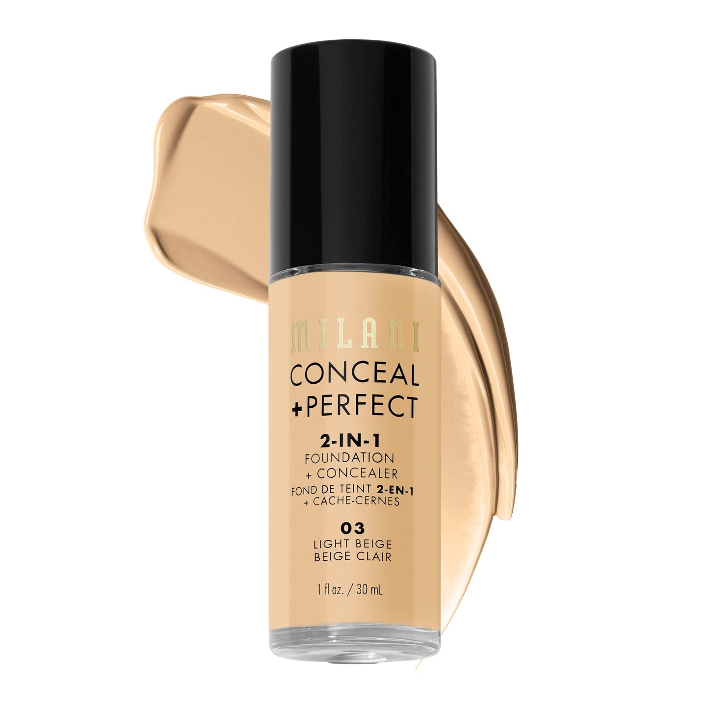 Milani Conceal + Perfect Liquid Foundation - Light Beige, 1 Fl. Oz. Cruelty-Free, Water-Resistant, Oil-Free, Medium-To-Full Coverage, Satin Matte