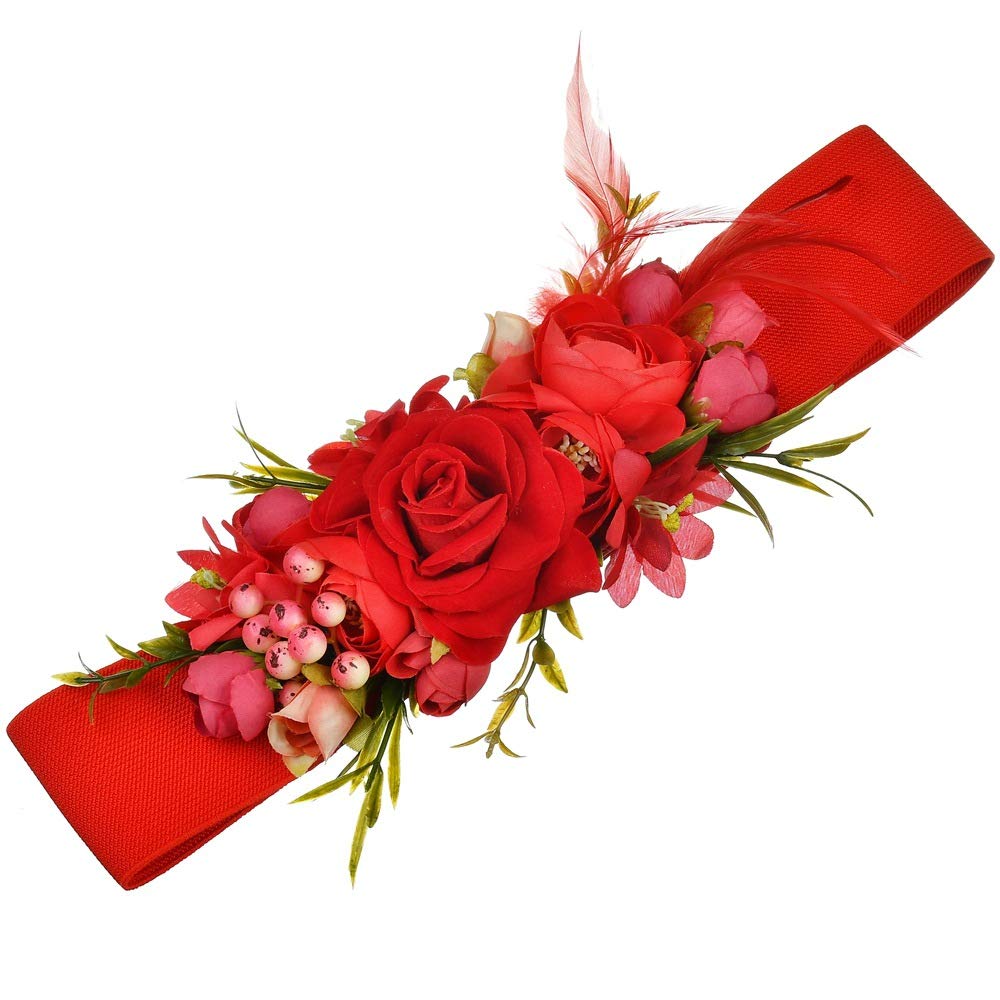 LittleLuluda Red Rose Wedding Bride Belt Sash Elastic Waist Band Flower Belts for Dress
