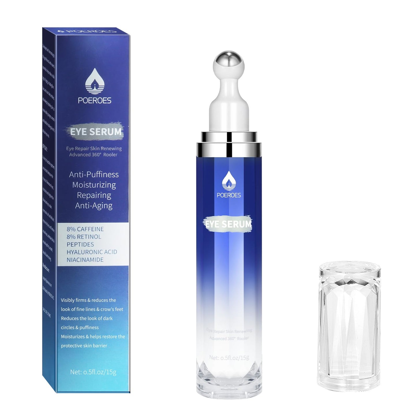 Eye Serum with 8% Caffeine 8% Retinol Hyaluronic Acid Niacinamide peptides for Puffy Bags Fine Lines Dark Circles Wrinkles, Under Eye Cream with 360°