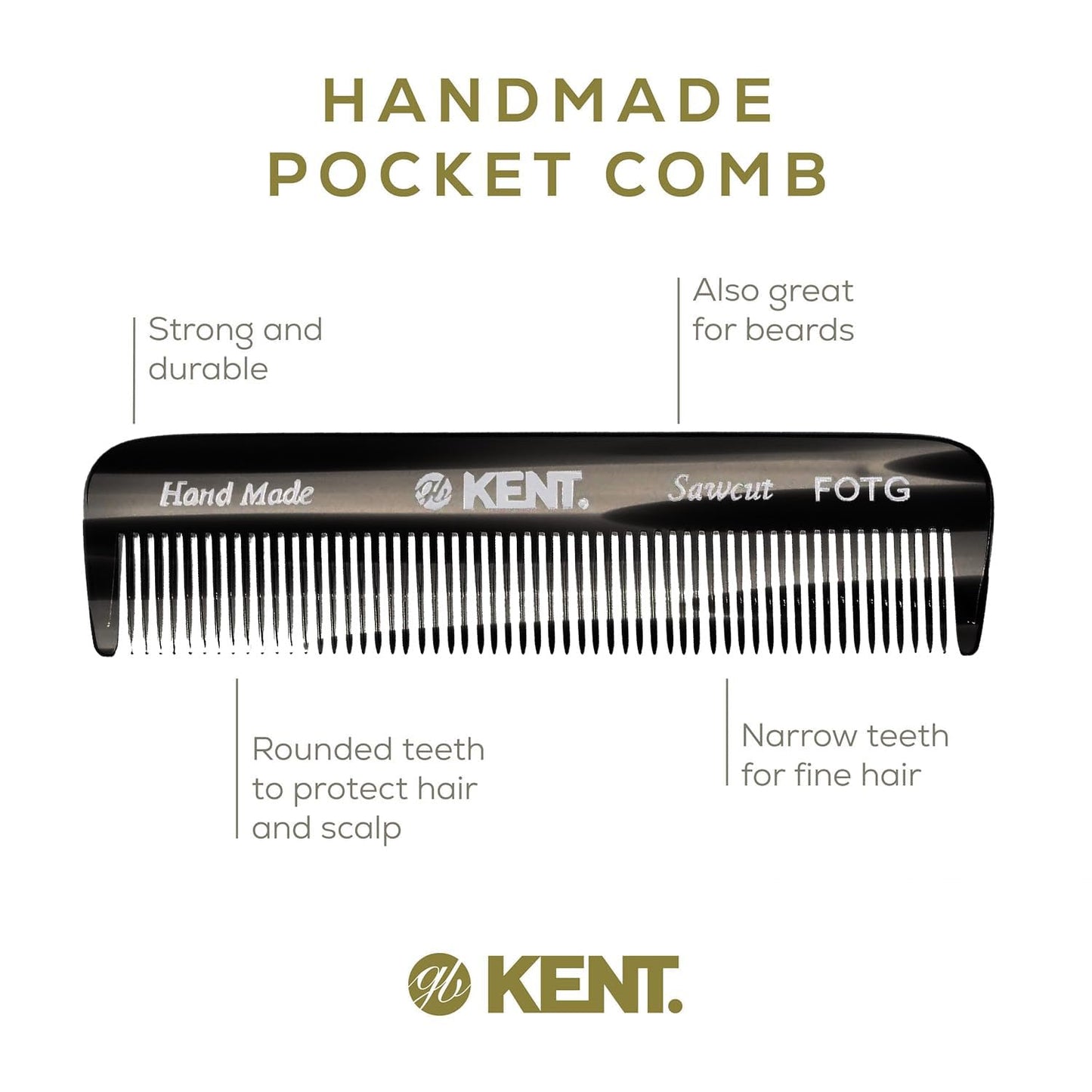 Kent FOT G 4.5" Handmade Pocket and Travel Comb - Fine Tooth Styling Comb for Fine or Thinning Hair, Mustache, Beard, and Hair Care
