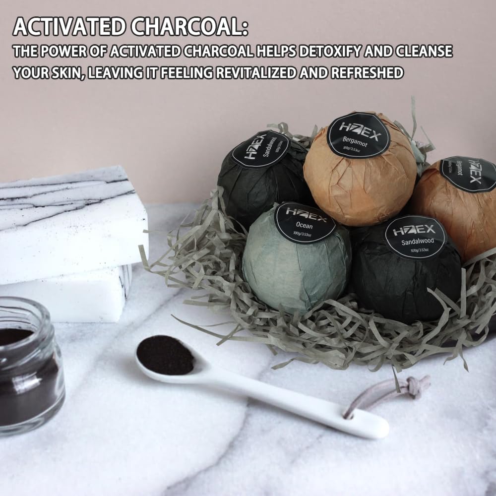 Charcoal Bath Bombs Gift Set - 6 Piece Natural Spa Fizzies with Essential Oils - Handmade Organic Moisturizing Vegan Bath Bombs for Relaxation…