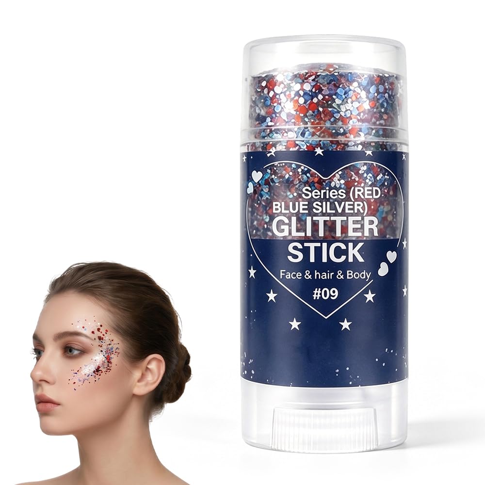4th of July Glitter Stick, Patriotic Red White and Blue Face Hair Body Glitter Stick, 4th of July Outfits for Women Men, Sparkling Glitter Makeup