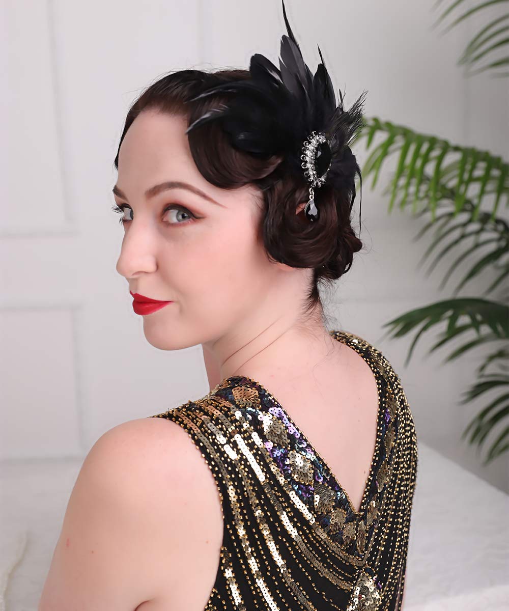 Aimimier 1920s Flapper Feather Hair Clip Black Roaring 20s Headpiece Costume Masquerade Hair Jewelry for Women and Girls (Style 1)