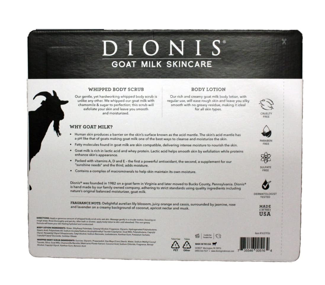 Dionis Goat Milk Bath & Body Set, 3 Piece Set - 1 oz. Body Lotion / 2 fl oz. Whipped Body Scrub x2, Cruelty & Paraben Free, Dermatologist Tested
