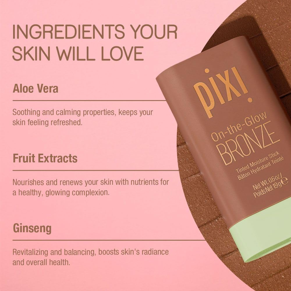 Pixi On-the-Glow Bronze - BeachGlow, Hydrating Tinted Moisture Bronzer Stick with Ginseng, Aloe Vera & Fruit Extracts, For Cheeks & Lips, 19g / 0.6oz