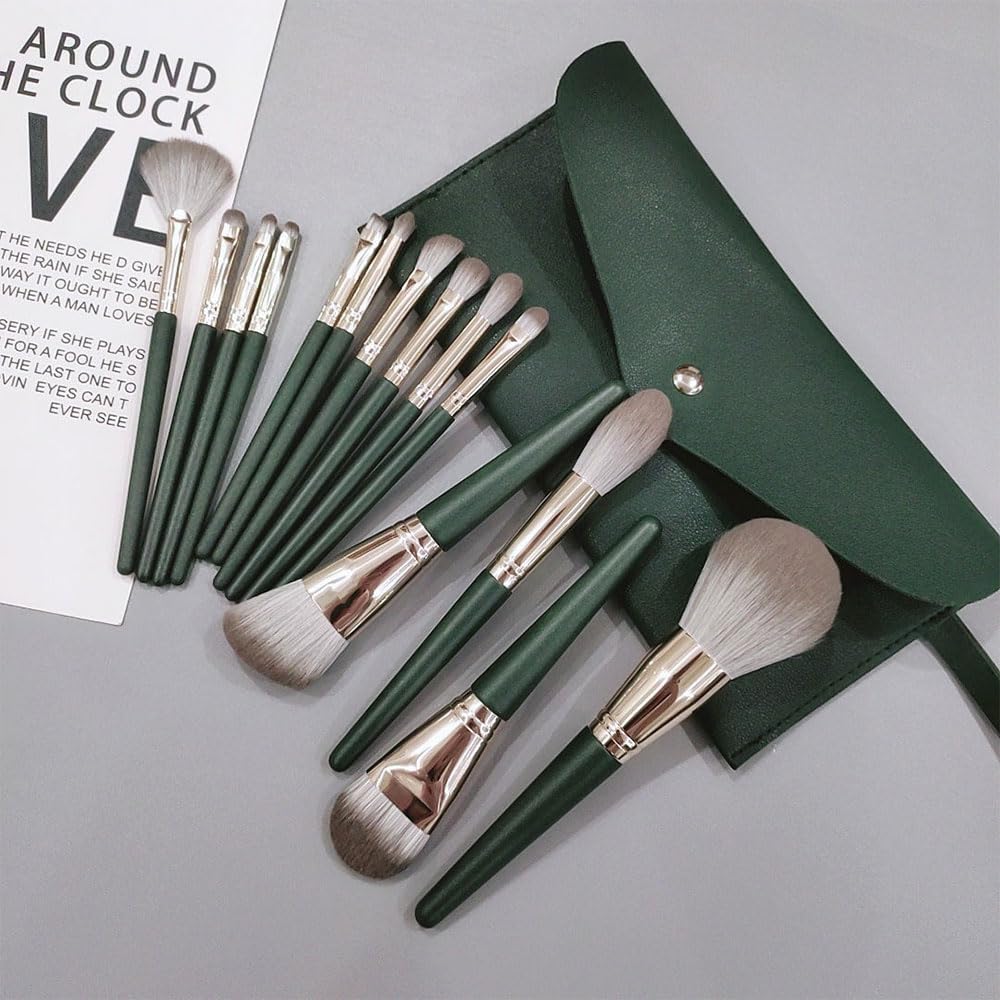 Makeup Brushes 14-Piece Set – Premium Synthetic Cosmetic Brushes for Foundation, Blush, Concealer & Eyeshadow, Travel Bag Included, Green