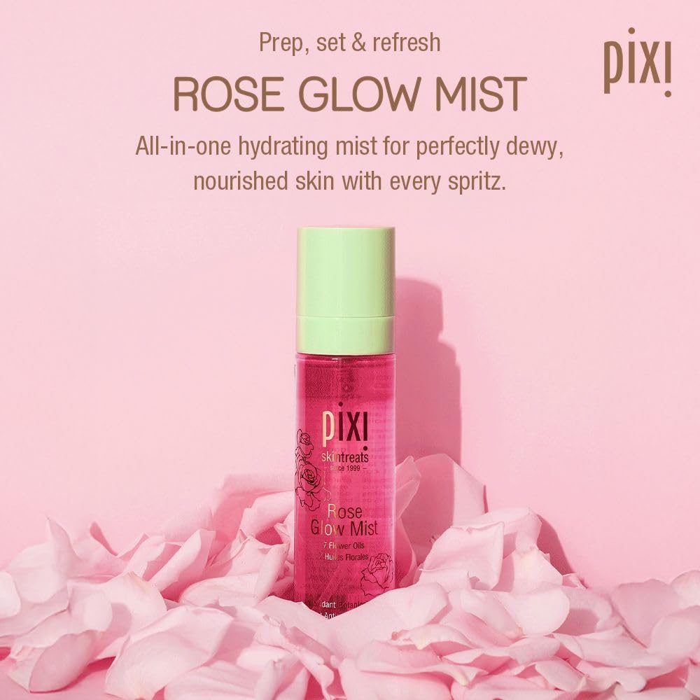 Pixi Beauty Rose Glow Mist | Hydrating Makeup Setting Spray with Rose Water & 21 Natural Oils | Luminous Dewy Finish | All-Day Hold | Refreshes & Sets