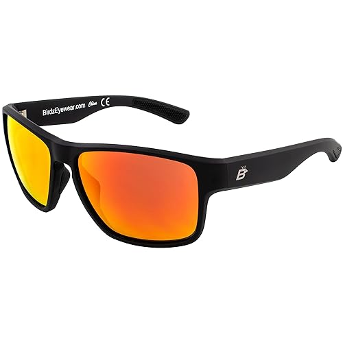 Birdz Eyewear Glide Sunglasses for Men or Women Scratch Resistant Lens Lightweight Black Square Frame Red Mirror Lens