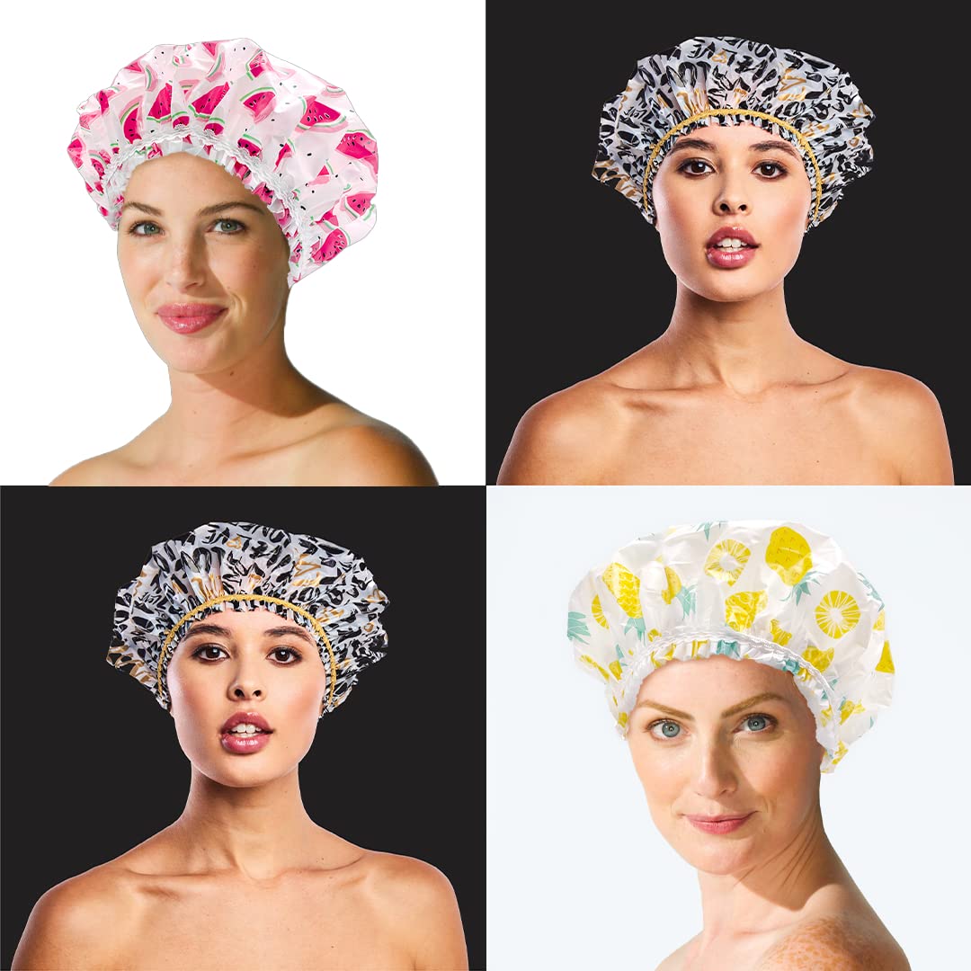 Betty Dain Reusable Vinyl Shower Cap & Bath Cap (4 Pack), Frosted PEVA Elastic Stretch Hem. Waterproof Stretchy Hair Cap for all Hair Lengths