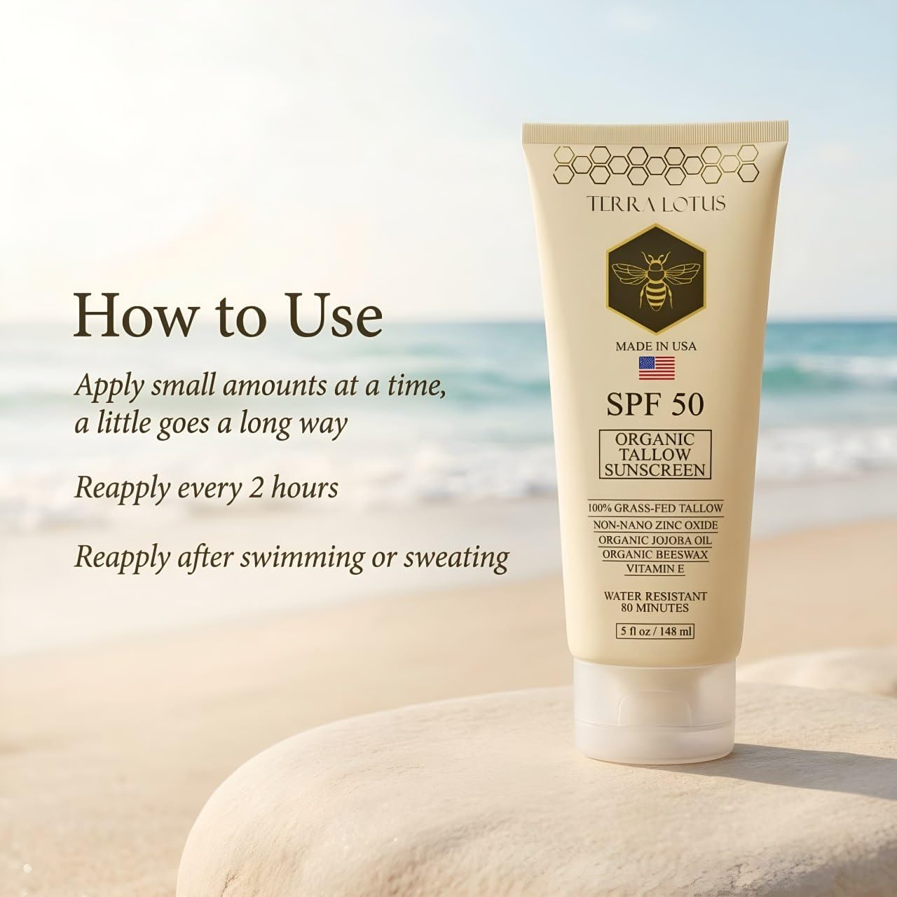 Organic Tallow Mineral Sunscreen - 50 SPF - For Face and Body - With 100% Grass-Fed Tallow and Non-Nano Zinc Oxide Reef Safe - (5 Oz) Beauty and Personal Care Terra Lotus