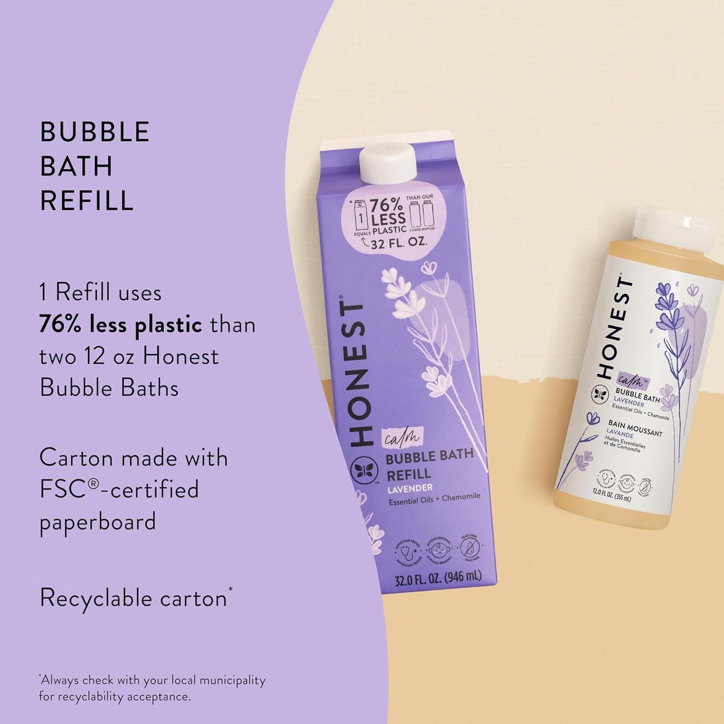 The Honest Company Foaming Bubble Bath Refill, Lavender Calm Scent, Tear-Free, Hypoallergenic, Naturally Derived, Gentle for Baby, 32 fl oz