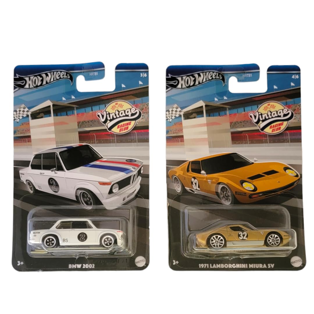 Hot Wheels 2024 Vintage Racing Club - Bundle of 2 (HRT81‑956A) | BMW 2002 & Lamborghini Miura SV | 1:64 Die‑Cast Collector Cars - Ages 3+