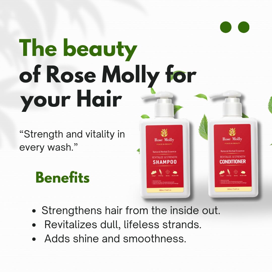 Rose Molly Natural Herbal Essence Revitalize & Strength Shampoo and Conditioner Set, 17.63 fl oz