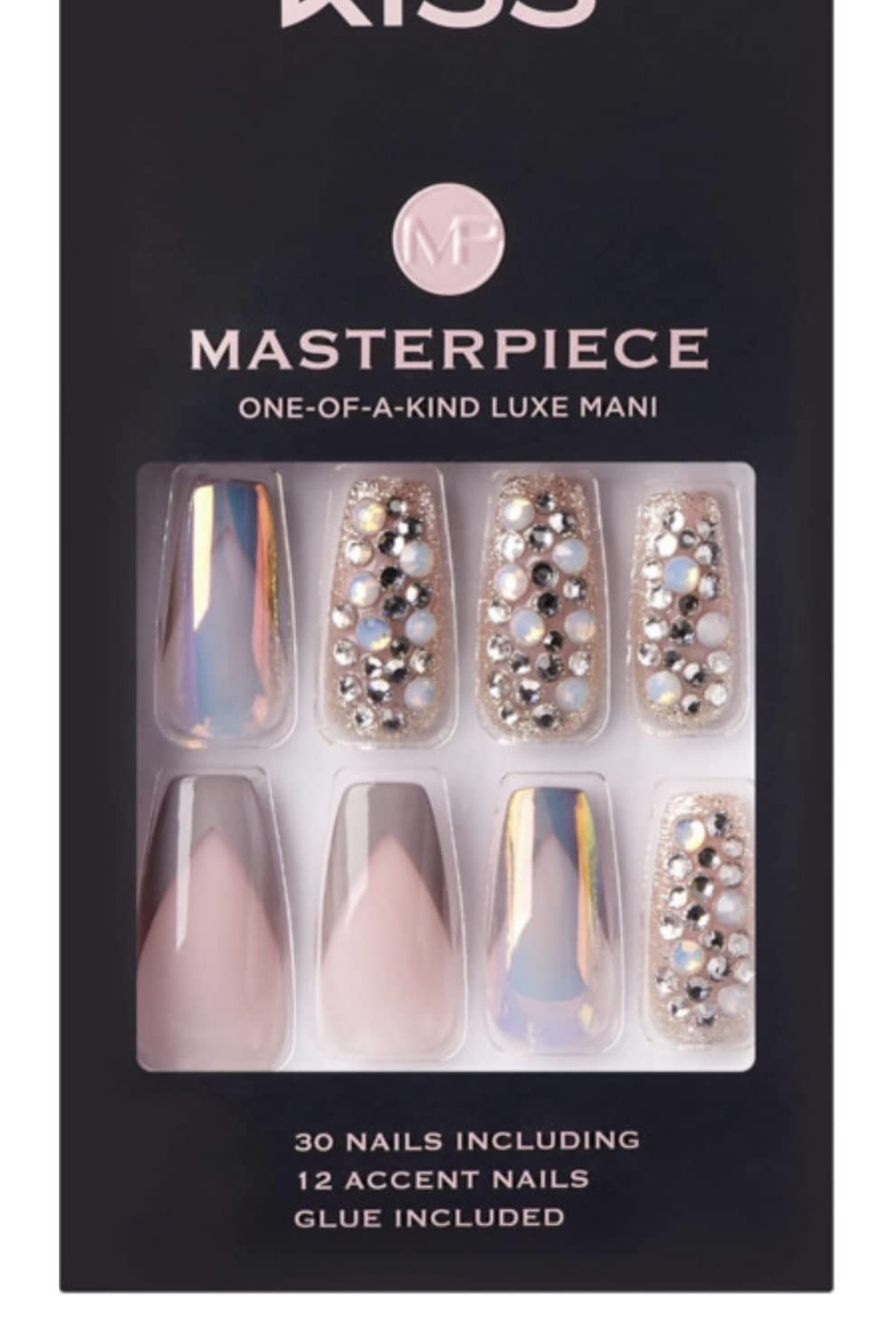 KISS Masterpiece One-Of-A-Kind Luxe Mani Premium Special Effects Design Coffin Shape Glossy Iridescent Glue-On Long Length Nails with Faux Jewels MP01