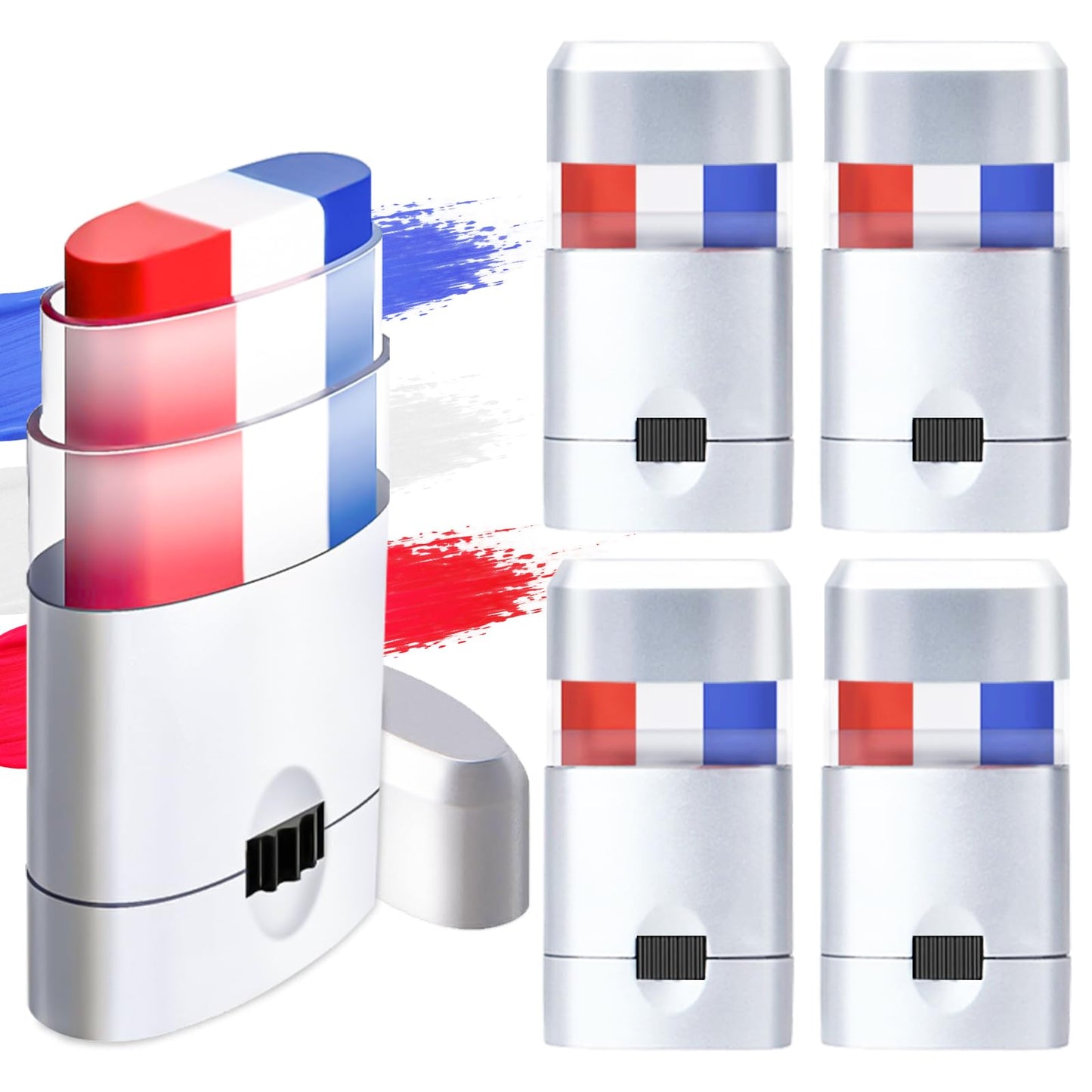 4 Pack Red White Blue Face Paint, USA Flag Color Stripe Stick, Patriotic Face Body Painting for Sports Parties, 4th of July, Parades Accessories