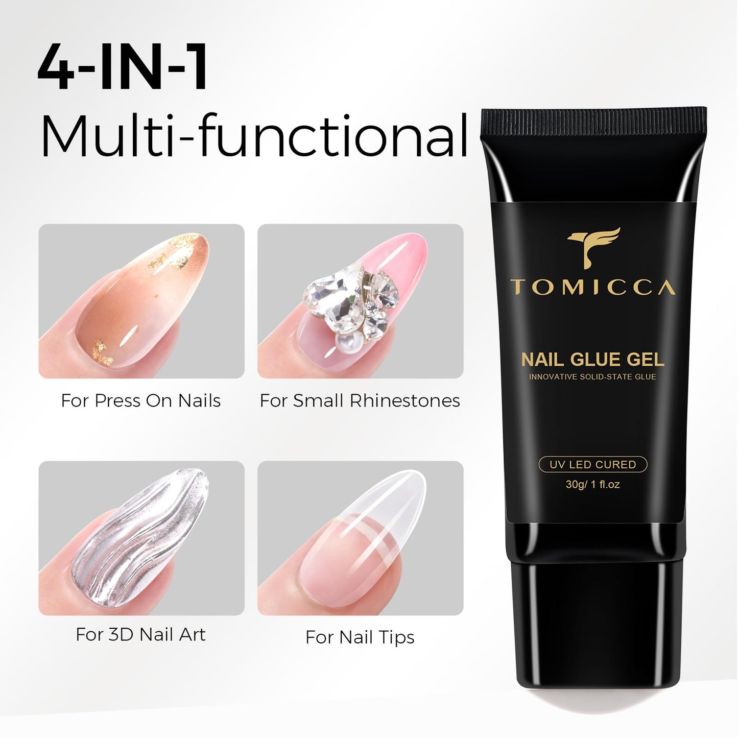 TOMICCA 4 In 1 Gel Nail Glue 30g UV Nail Glue for Press ons Semi Solid Nail Gel Glue Strong Nail Glue on Nails Tips for Fake Acrylic Nails Extension Beauty and Personal Care TOMICCA
