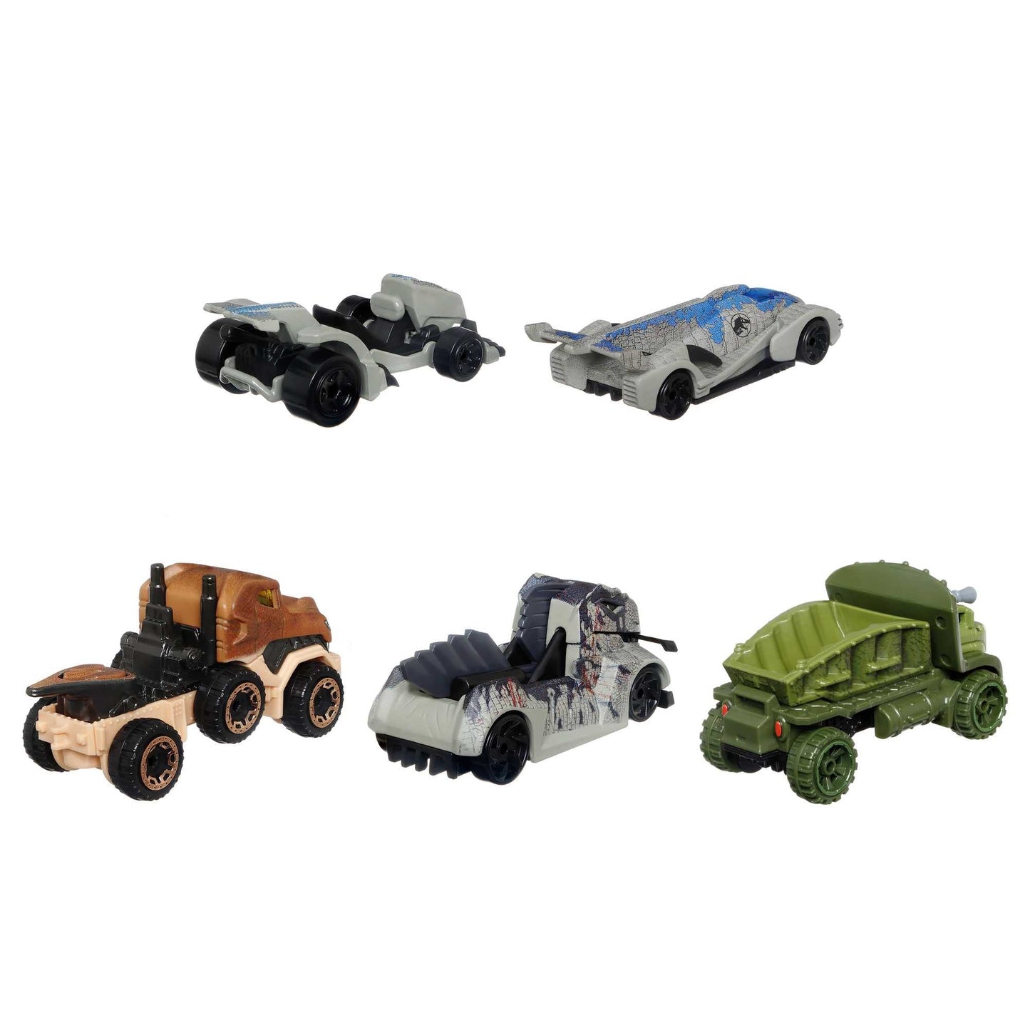 Hot Wheels Jurassic World Set Character Cars 4 Pack, Velociraptor Beta, Velociraptor (Blue), Tyrannosaurus Rex, Giganotosaurus
