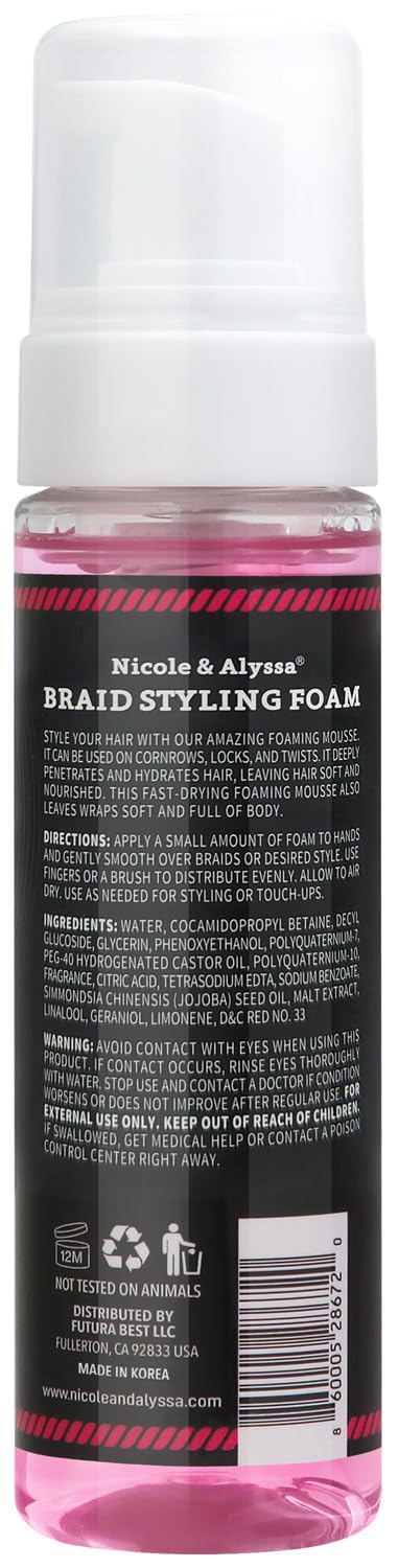 Nicole & Alyssa Braid Styling Foam 8oz - Extra Hold Foam Mousse for Braids, Boho Braids, Crochet Styles, Twists & Locs - High Shine, Flake-Free