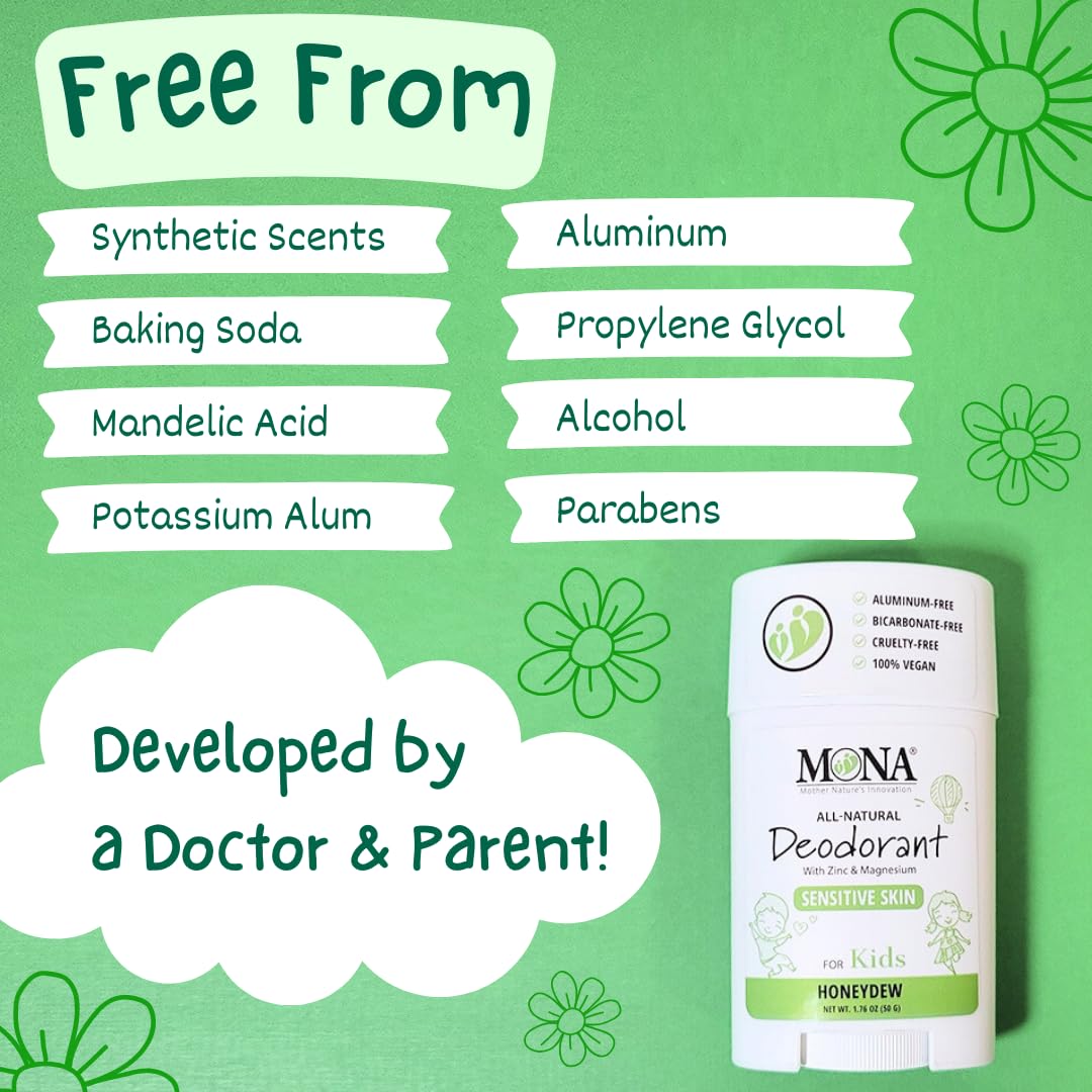 MONA All Natural Deodorant for Kids - Safe for Kids - Vegan, Hypoallergenic & Free from Baking Soda, Aluminum & Synthetic Scents (3-PK HONEYDEW 1.76 Beauty and Personal Care MONA