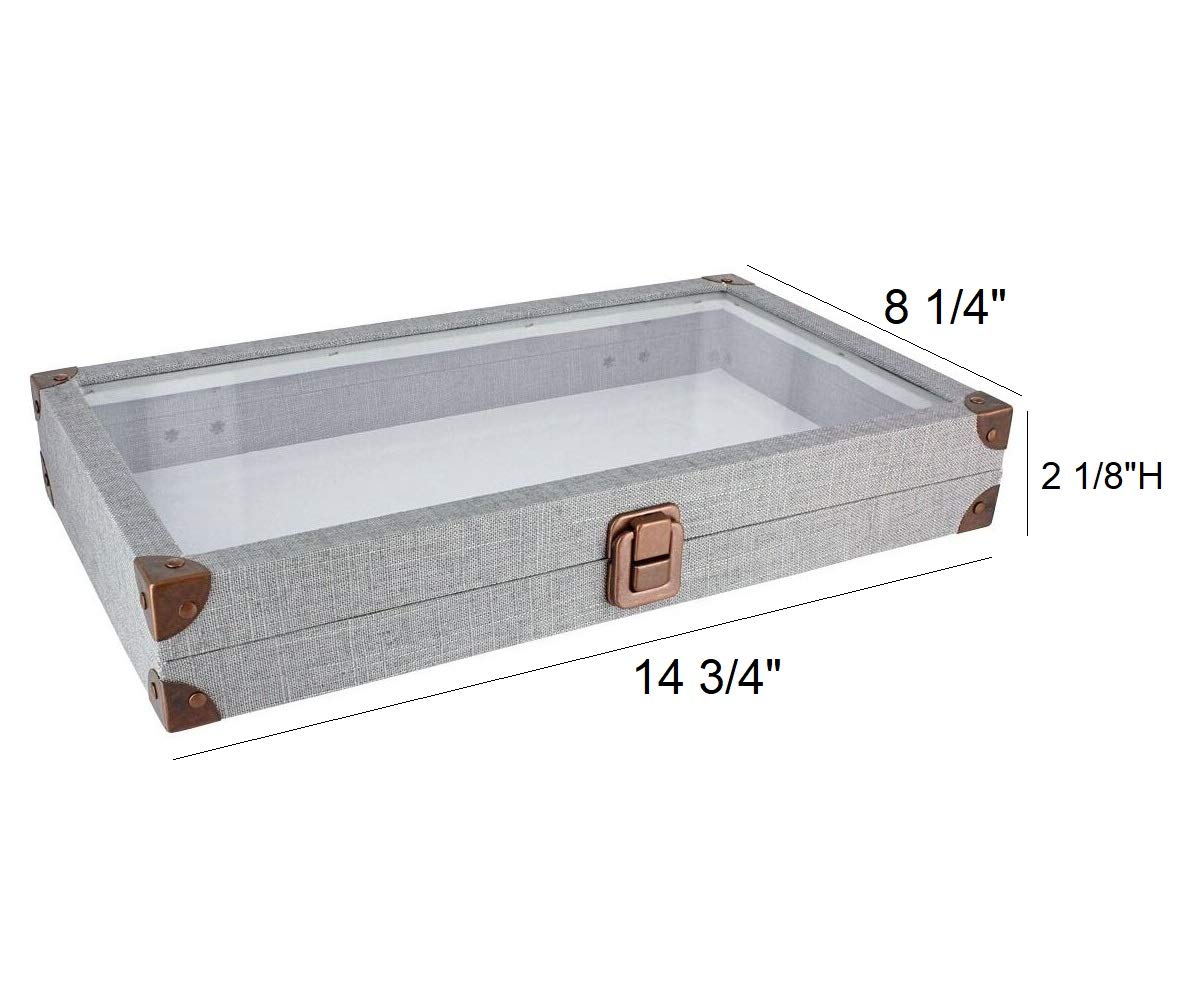 888 Display USA - Grey Linen Covered Jewelry Case with Glass Top and latch