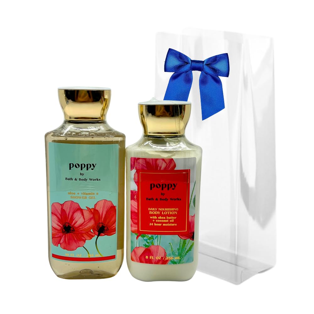 Bath & Body Works POPPY Shower Gel & Body Lotion - 2pc bundle with a Blue Bow for Holidays & Gifts Beauty & Personal Care Bath & Body Works