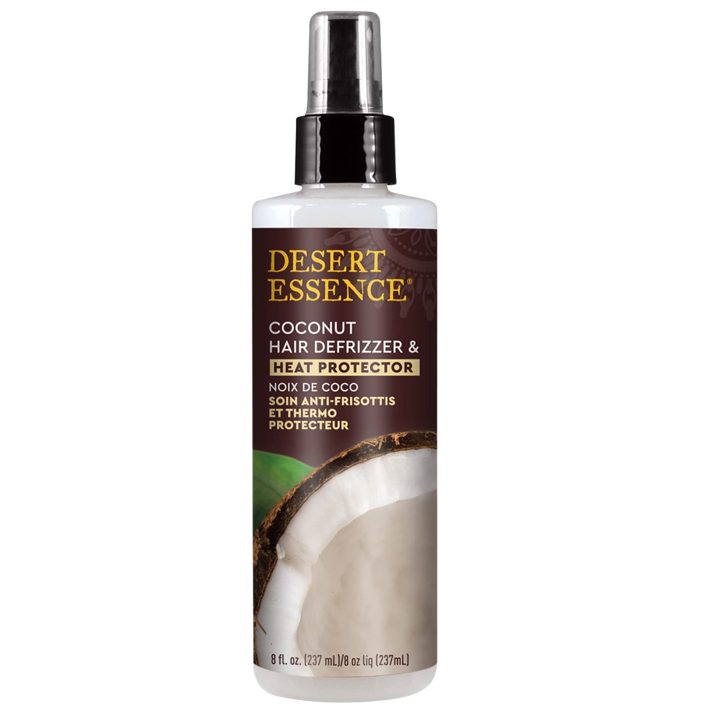 Desert Essence Coconut Hair Defrizzer & Heat Protector 8 fl oz - Gluten Free, Vegan, Cruelty Free - Coconut Oil & Jojoba Seed Extract - Protects Hair