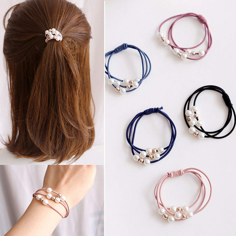 20 Pcs Korean Hair Accessories for Girls - Multi Layer Hair Rings with Pearls, Elastic Ties, and Rope Hairbands