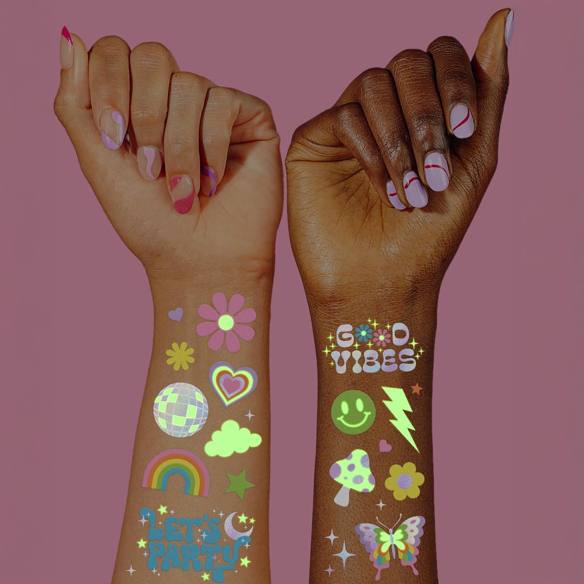 xo, Fetti Groovy Disco Glow in Dark + Foil Temporary Tattoos - 82 pc | Flower Power Birthday Party Supplies, Rave Bachelorette Party Favors, Smiley Beauty and Personal Care xo, Fetti