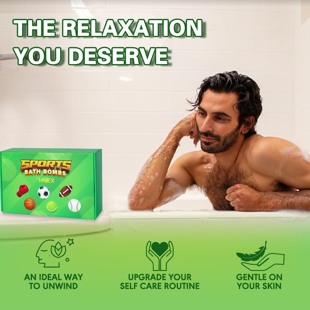 HZEX Sports Themed Bath Bombs Gift Set - 6 Piece Novelty Fizzy Balls with Basketball, Tennis, Baseball, Soccer, Football & Boxing - Fun Spa Kit…