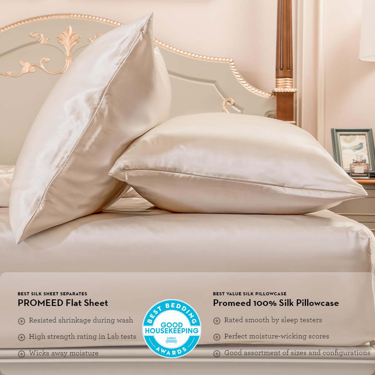 PROMEED 100% Mulberry Silk Queen Size Fitted Sheet ONLY, Premium 23 Momme Real Silk Bottom Bed Sheet 1pc with 16-Inch Deep Pocket (Champagne, Queen)