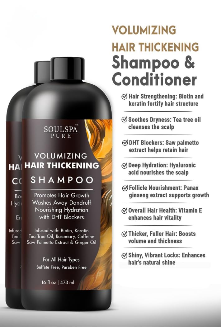 SOULSPA PURE Thickening Shampoo and Conditioner Set - Volumizing Formula with DHT Blockers, Biotin, Keratin, Caffeine & Saw Palmetto - Hair Thickening