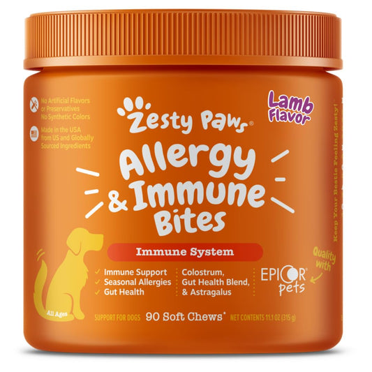 Zesty Paws Allergy Relief for Dogs – Itch, Skin & Ear Soothing Chews with Probiotics – Lamb Flavor – 90ct