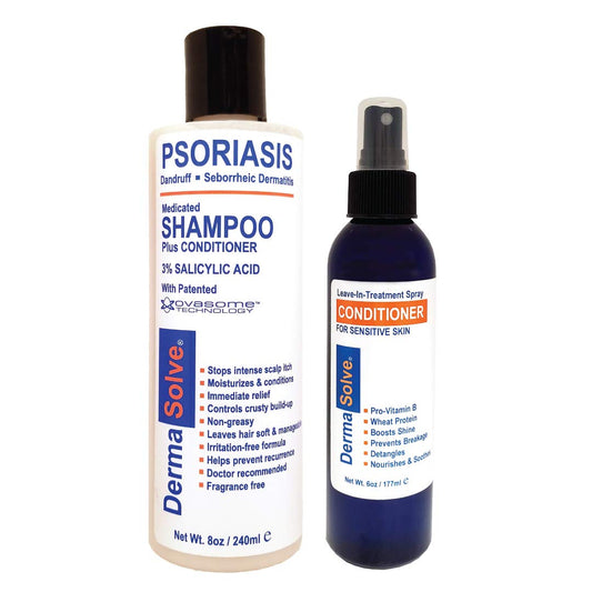 Psoriasis Shampoo and Leave-In Styling Spray Conditioner (Combo Pack) | Detangler for Sensitive Skin, Soothing Anti Dandruff, De-Flake, Dry Scalp