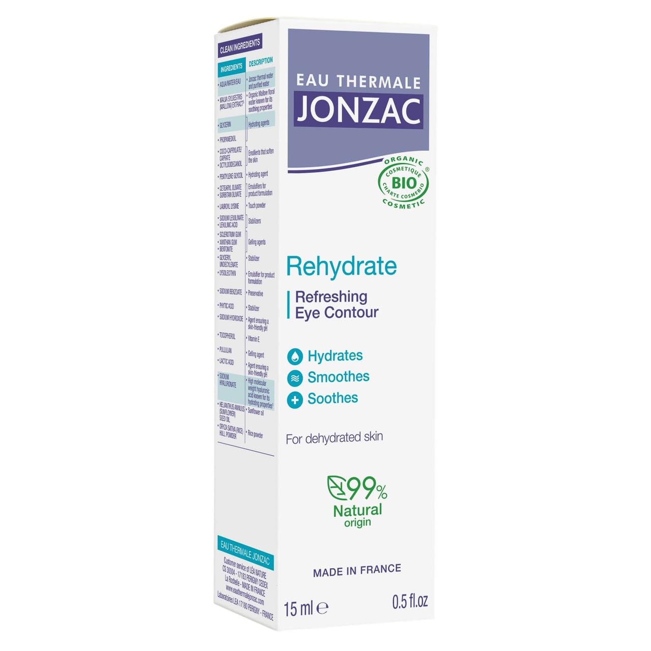 Eau Thermale Jonzac Rehydrate Organic Refreshing Eye Contour Cream - Soothing Hydration with Hyaluronic Acid For Dark Circles - For Sensitive Skin