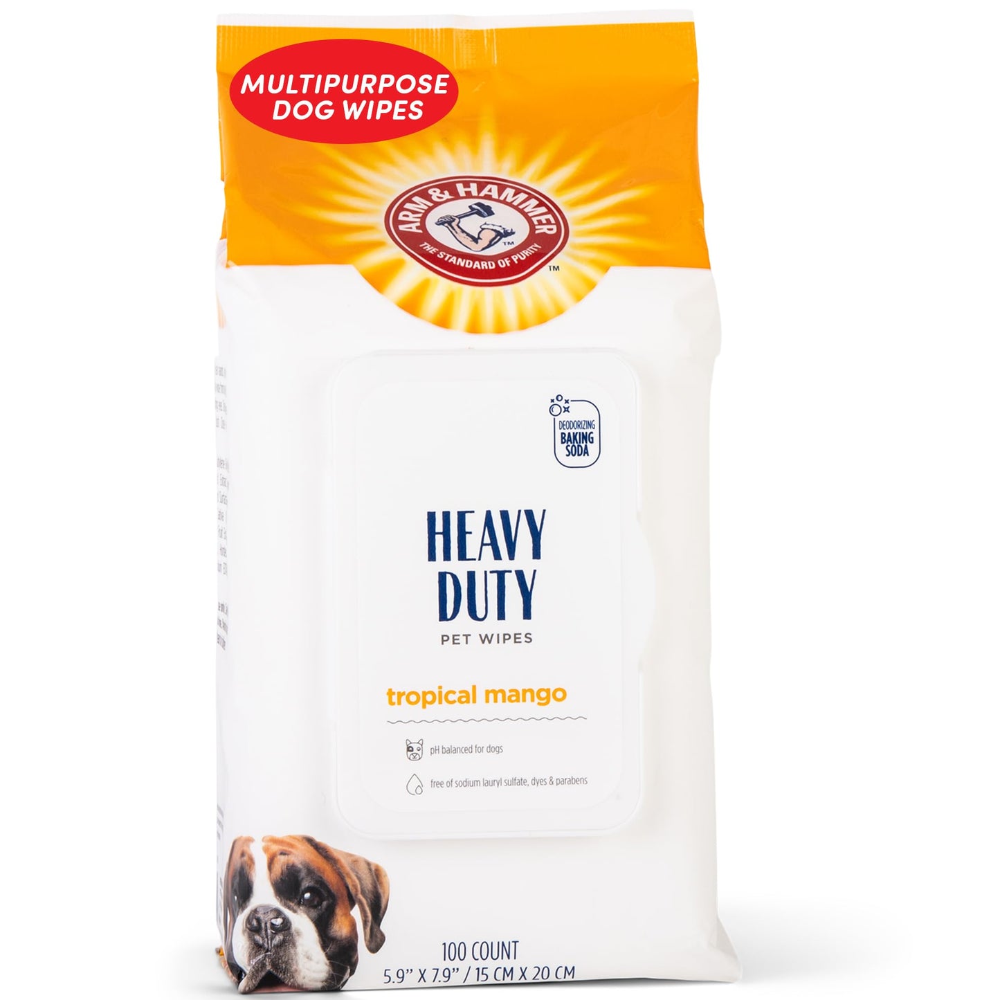 Arm & Hammer Pets Heavy Duty Dog Bath Wipes, Mango Scent – Grooming, Paw & Butt Wipes, Odor Eliminator & Deodorizing Pet Cleaning Wipes, 100 Count