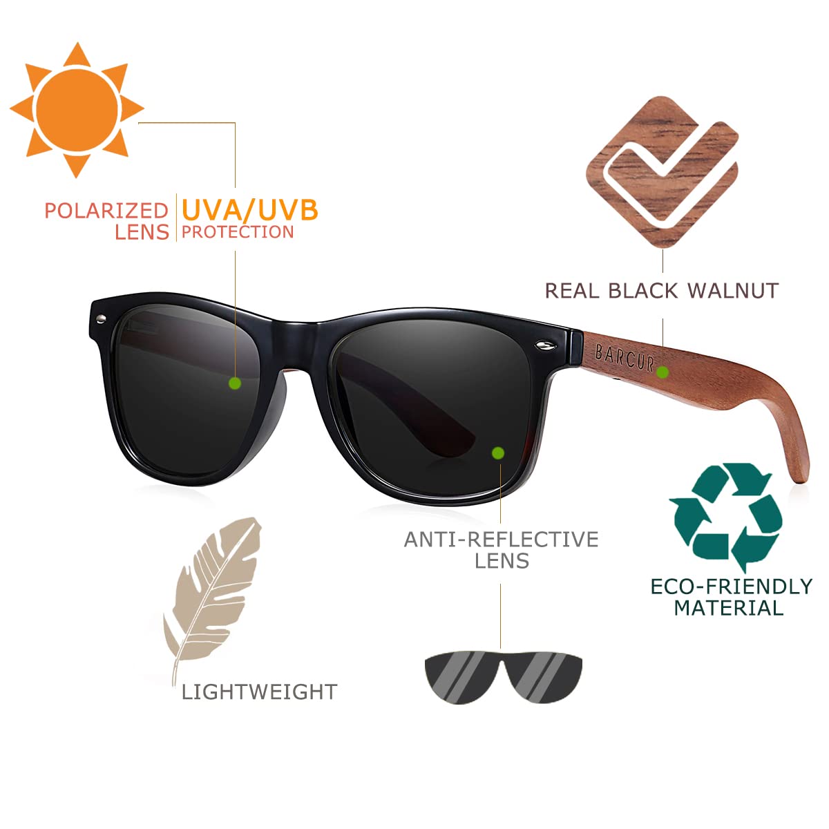 Barcur Wood Sunglasses for Men Women Polarized, uv Protection Black Walnut/Zebra Wooden Arms Frame Shades with Case(Walnut Black Grey)