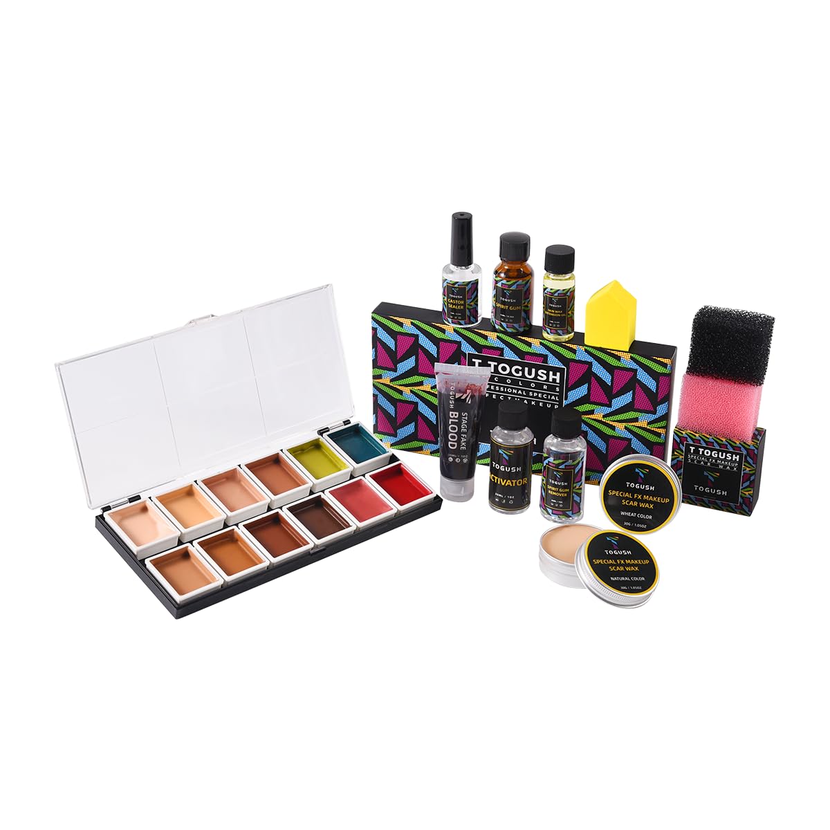 T TOGUSH Halloween Makeup Special Effects SFX Makeup Kit 12 Colors FX Palette Face Body Painting with Fake Blood,Scar Wax,Spirit Gum,Castor
