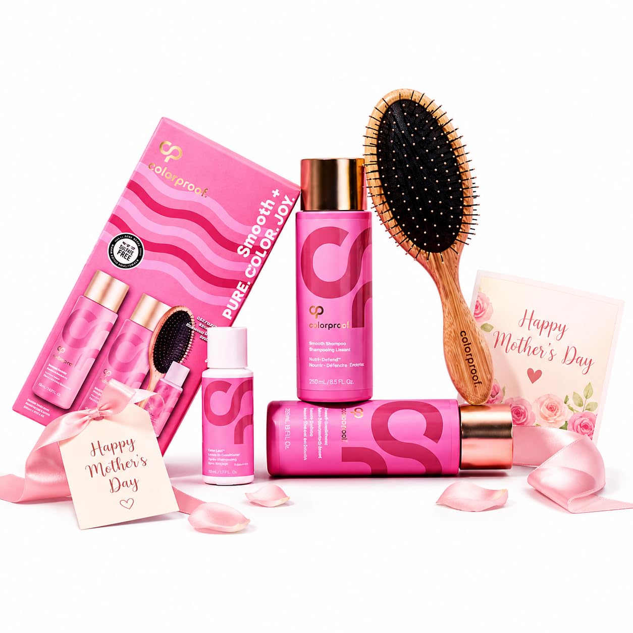 ColorProof Mothers Day Smooth Gift Set Relaxation Gifts For Women Hair Care Complete Set With Shampoo, Conditioner, Overnight Serum & Detangling Brush