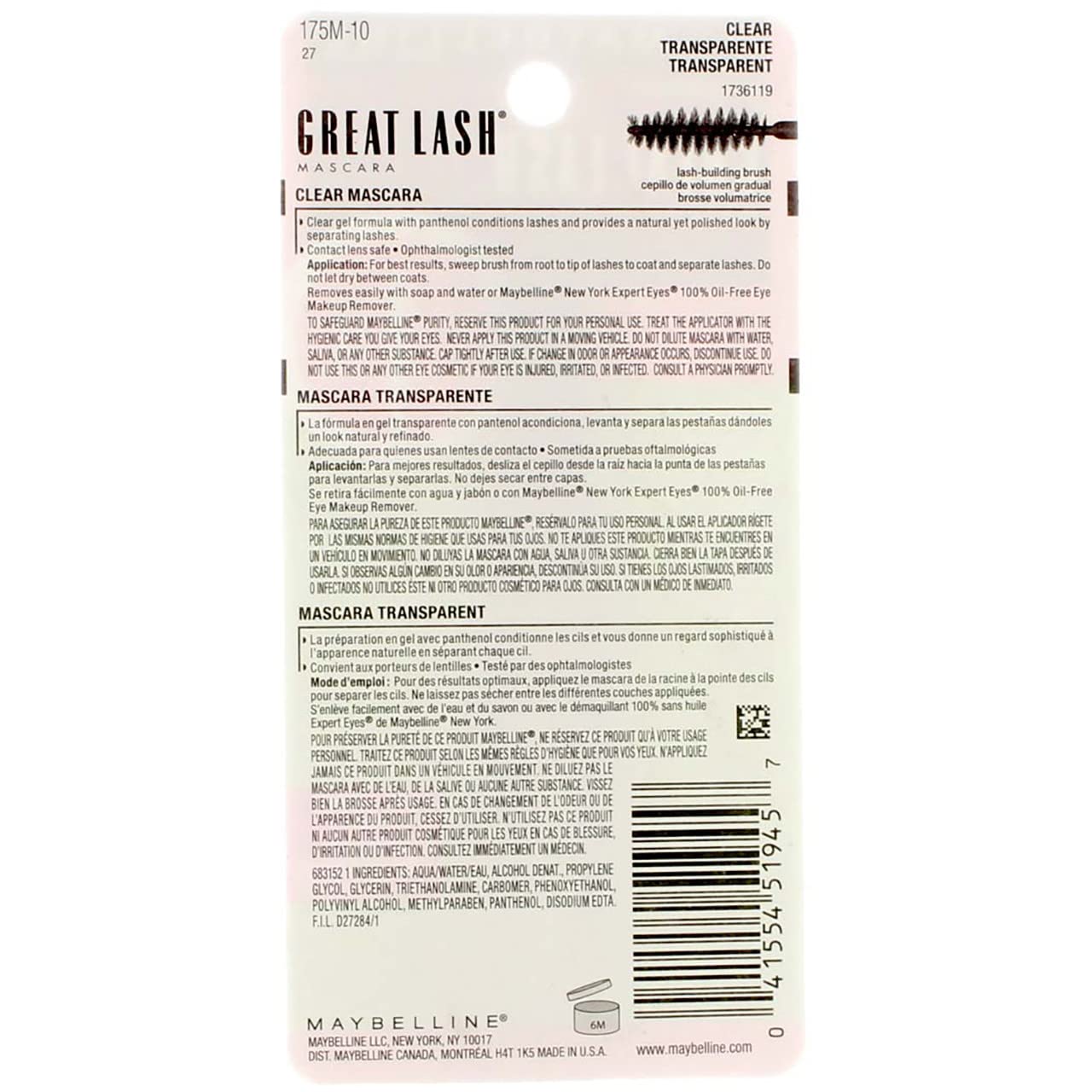 Maybelline Great Lash Washable Mascara, Clear [110], 1 ea (Pack of 4)