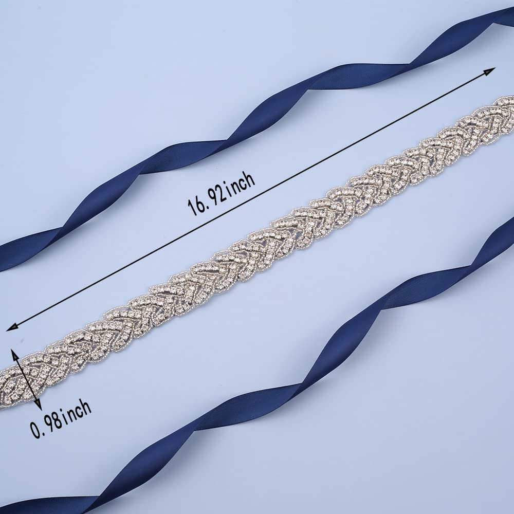 Jovbridsea Crystal Wedding Sash Belt with Rhinestone Bridal Belt Handmade Bridesmaid Belts for Dress (Sliver,Navy)