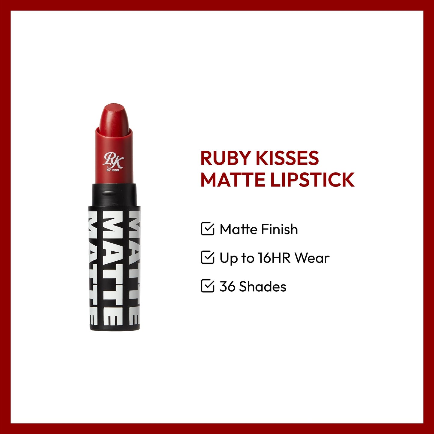 Ruby Kisses Lipstick, Matte Finish, Long-Lasting, Highly Pigmented, Smooth Apply, Full Coverage Lip Color Makeup (Red Carpet)