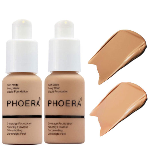 BestLand 2Pack PHOERA Foundation Full Coverage Liquid Foundation Cream - Long-lasting Lightweight Concealer - Oil-Free Formula - Natural Shade