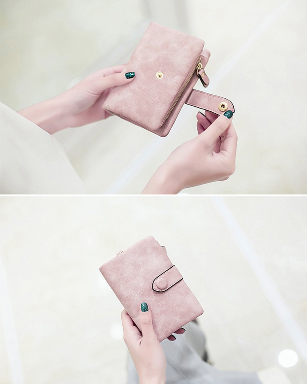 TOPKULL Bifold Small Rfid Soft Leather Ladies Trifold Wallets Billfolds Mini Wristlet Clutch Cute Zipper Coin Purse with Wrist Strap (Pink)